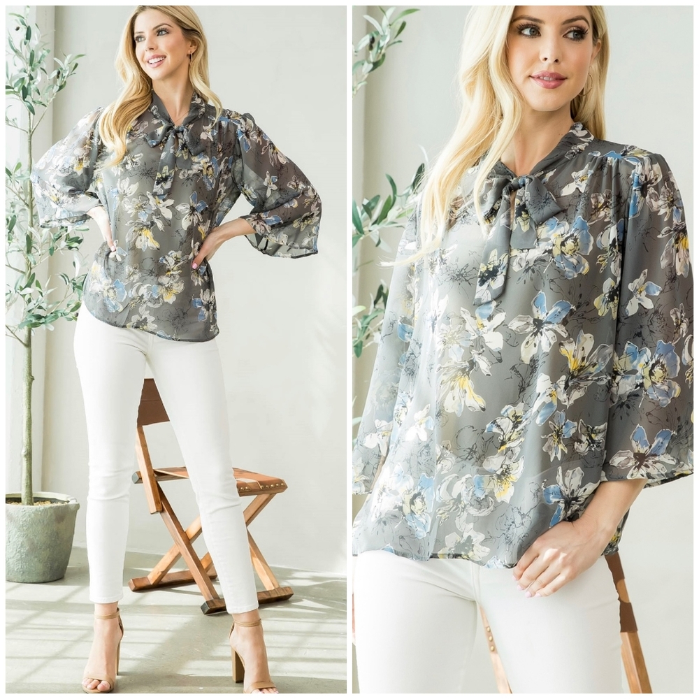 LAST 1 ! MITTOSHOP Semi Sheer Neck Bow Tie Top - Picture 7 of 8